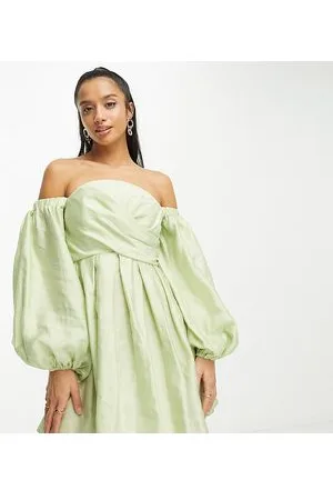 ASOS ASOS DESIGN Petite washed off shoulder balloon slv mini dress with wrap corset detail in sage