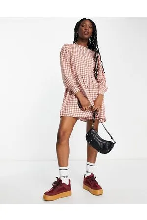Daisy Street Mini smock dress in micro pink brown check