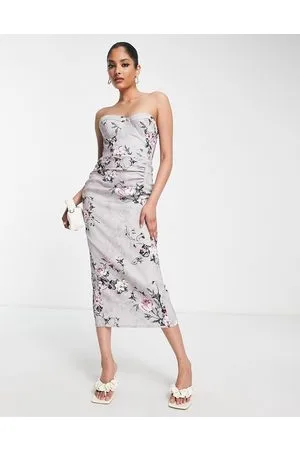 True Violet Corset bandeau midi dress in silver and pink floral print
