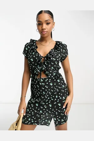 ASOS Lace trim ruffle bodice mini tea dress in black ditsy