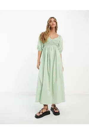 ASOS Cotton shirred corset midi dress in sage