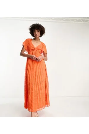 ASOS ASOS DESIGN Tall tie front angel sleeve dobby midi dress in hot coral
