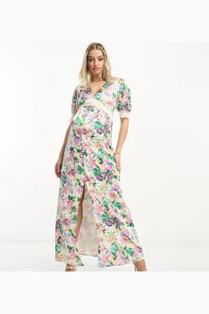 HOPE & IVY Puff sleeve satin maxi dress in cream floral