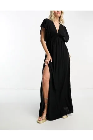 ASOS Fuller Bust flutter sleeve maxi beach dress with channelled tie waist in
