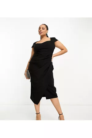 ASOS Ženy Plesové - ASOS DESIGN Curve sweetheart neckline ruched waist midi dress with cap sleeves in black