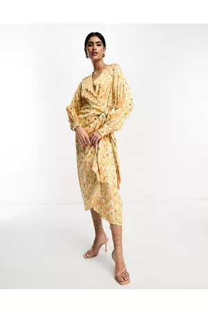 Never Fully Dressed Satin wrap midi dress in pastel gold mix