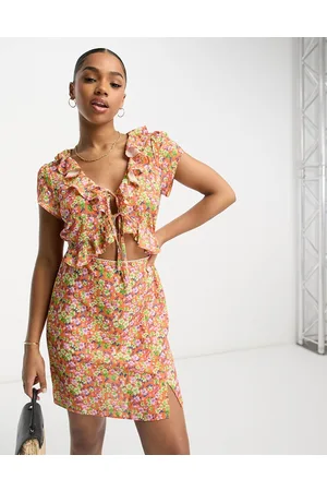 ASOS Lace trim ruffle bodice mini tea dress in orange ditsy