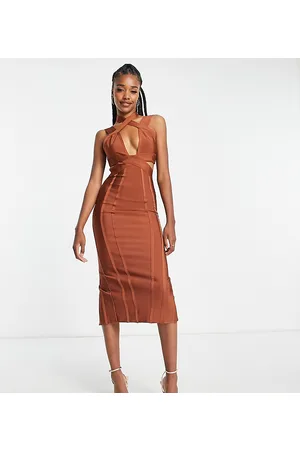 ASOS ASOS DESIGN Tall bodycon bandage midi dress with cut out in rust
