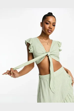 VERO MODA Linen touch knot front crop top co-ord in stripe