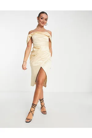 ASOS Off shoulder bardot tuck midi dress in satin gold