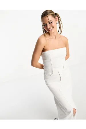 Stradivarius STR denim bandeau midi dress in ecru