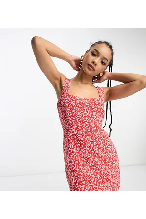 Glamorous 90s square neck fitted mini dress in red leaf floral