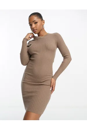 Pieces® Ribbed knit mini dress in camel