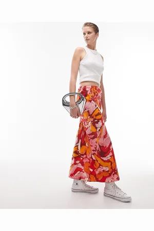 Topshop Orange floral print bias maxi skirt in