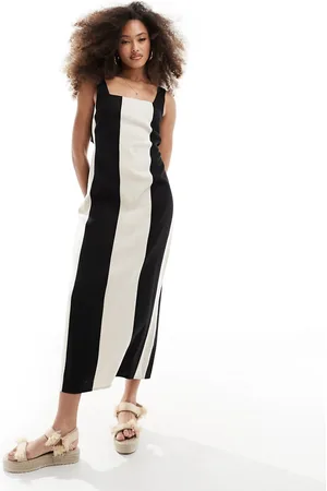 ASOS Square neck tie back linen midi sundress in wide mono stripe