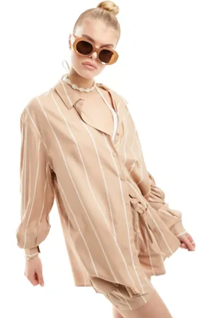 Esmée Esmee long sleeve oversized stripe beach shirt co-ord in beige and white