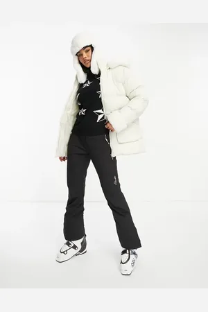 Threadbare Ski cinched waist hooded puffer coat with faux fur trims in ecru