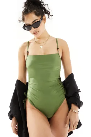 New Look Square neck ruched side swimsuit in khaki