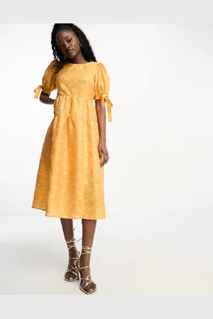 Monki Balloon sleeve floral shimmer brocade midi dress in
