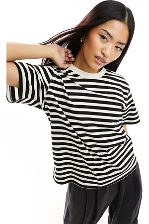ONLY Contrast neck t-shirt in black & cream stripe