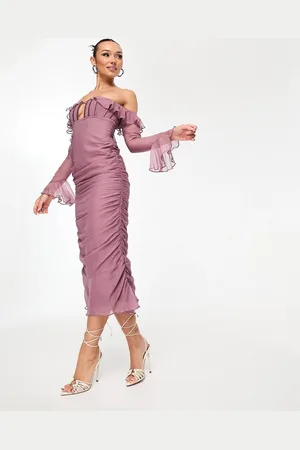 ASOS Corset bust detail bardot midi dress with ruched skirt in mauve