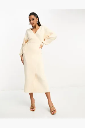 Pretty Lavish Oversized wrap knit midi dress in cream