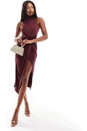ASOS High neck drape minimal cut out midi dress in plum