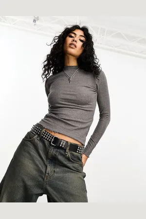 ONLY Lettuce edge high neck ribbed top in dark