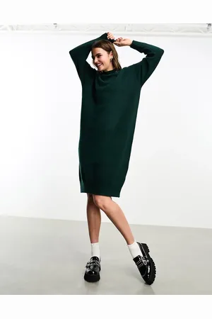 Monki Long sleeve knitted midi dress in forest