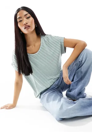 ONLY Soft round neck t-shirt in sage & white stripe