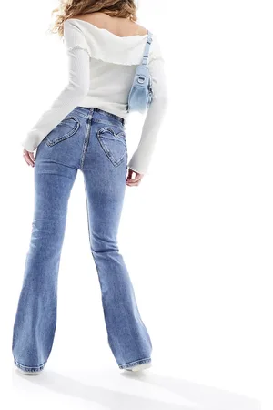 Miss Selfridge Heart pocket flare jean in mid wash