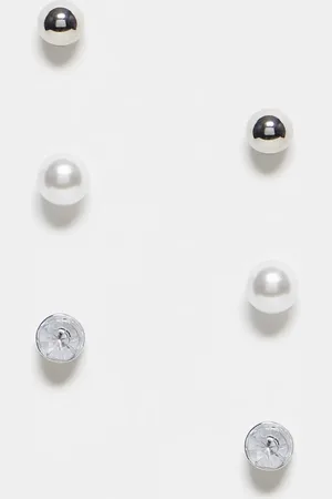 Pieces® 3 pack pearl & diamante stud earrings in silver & white