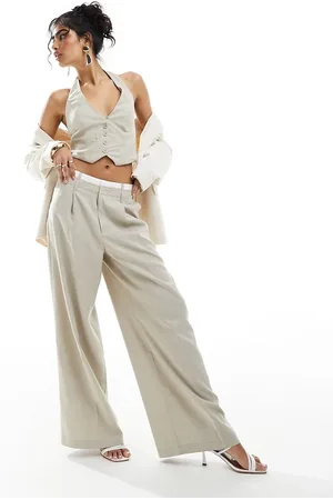 Bershka Boxer waisted wide leg tailored trousers in light beige