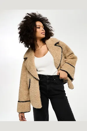 Object Borg teddy aviator jacket with contrast stitch in biscuit