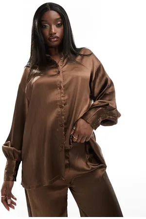 In The Style Long sleeve satin shirt co-ord in chocolate