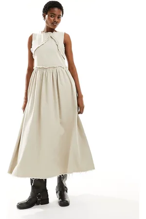 COLLUSION Twill raw hem maxi smock dress in stone
