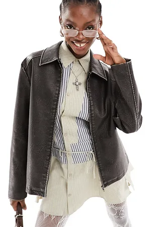 COLLUSION Distressed faux leather oversized harrington jacket in