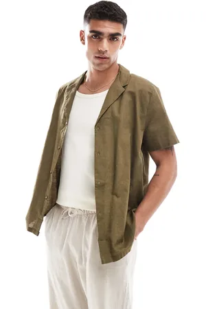 ASOS Relaxed linen blend shirt with deep revere collar in dark khaki