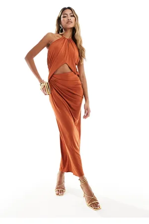 ASOS Halter ruched midi dress with central cut out detail in rust