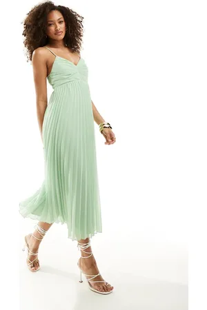 ASOS Pleated bodice strappy pleat midi dress with tie back detail in sage