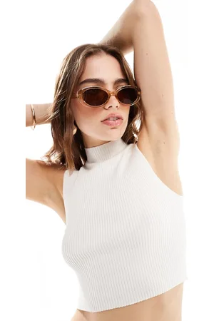 Bershka Fine knit sleeveless high neck top in ecru