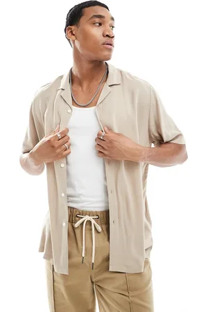 ASOS Relaxed fit viscose shirt with revere collar in stone