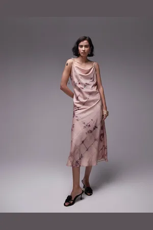 Topshop Square neck tie shoulder cami slip midi dress in pink blurred check