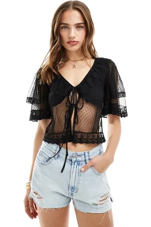 Miss Selfridge Sheer dobby mesh tie front tunic top in