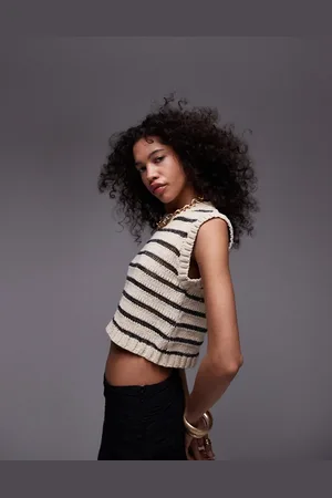 Topshop Knitted stripe tank in stone