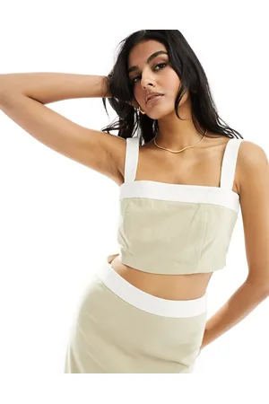 4th & Reckless Linen look contrast trim cami crop top co-ord in beige