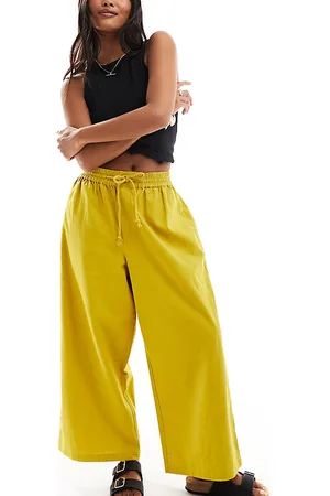 ASOS Petite pull on barrel leg trouser with linen in chartreuse