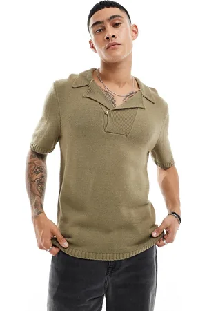 ASOS Knitted chunky notch neck polo in khaki