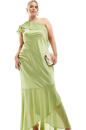 TFNC Bridesmaid satin one shoulder ruffle maxi dress in olive