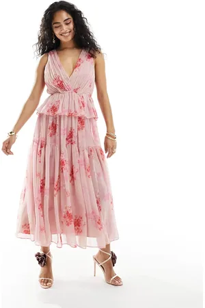 ASOS Plunge pleated tiered midi dress in pink floral print